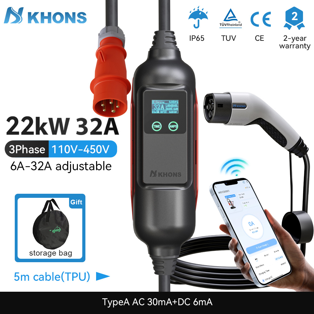 Ev Charger Type 2 22Kw 32A 3 Phase - Khons Portable EV Charger Type2 32A