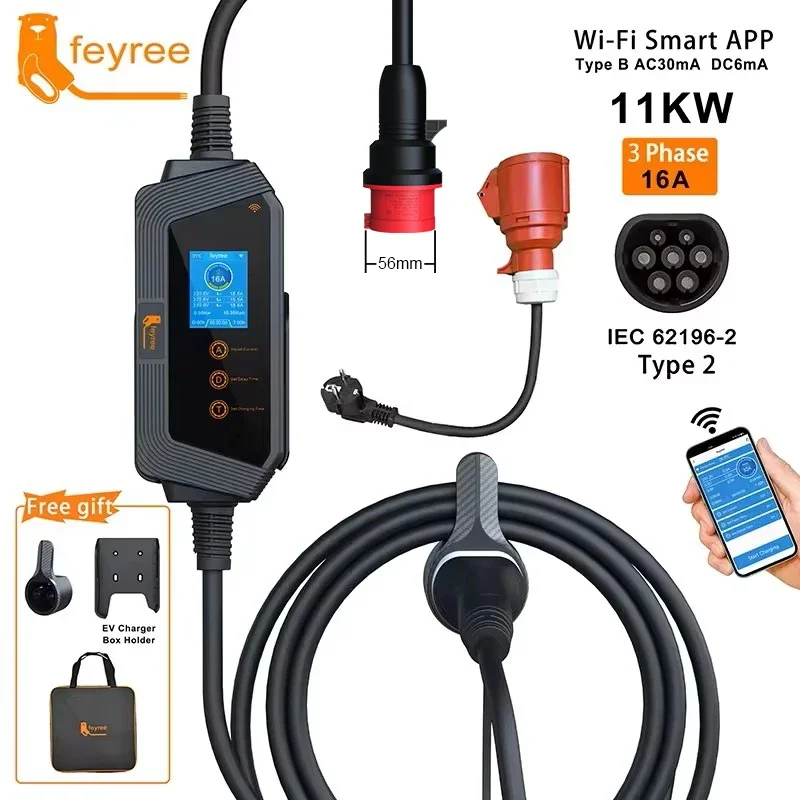 feyree 11KW 16A 3Phase Type2 P - огляд і ціна Type 2 Portable Ev Charger 11Kw Cee