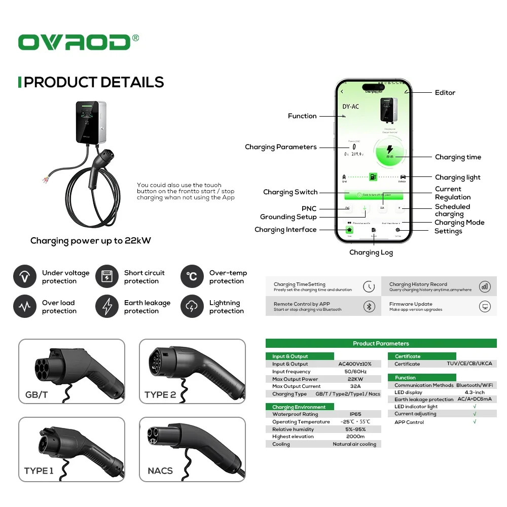 Ovrod Factory Evse Ac 7kw 11kw - огляд і ціна Ev Charger Type 2 22Kw 32A 3 Phase